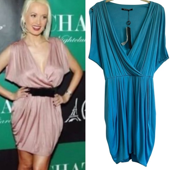 NWT BLACK HALO JILL WRAP STYLE RUCHED AQUA BLUE MINI DRESS SIZE LARGE - Picture 2 of 13